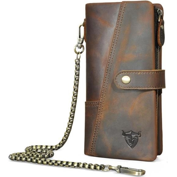 Men's Genuine Leather Long Organizer Chain Rfid Wallet With Snap Brown